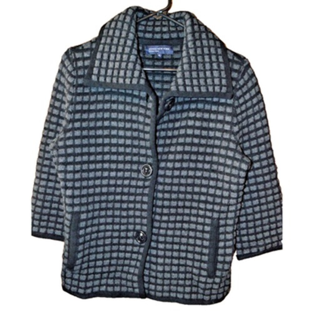 Jones New York 100% Wool Cardigan Sweater Button Pockets Size Medium Black Gray